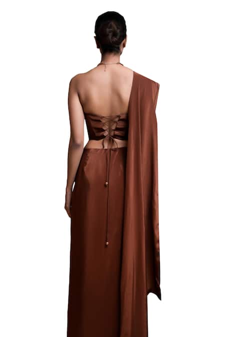 Ahi Clothing_Brown Crepe Mirrors, Zari, Cut Work, Embellished Corset With Draped Skirt _Online_at_Aza_Fashions