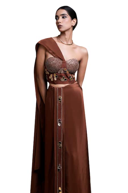 Buy_Ahi Clothing_Brown Crepe Mirrors, Zari, Cut Work, Embellished Corset With Draped Skirt _Online_at_Aza_Fashions