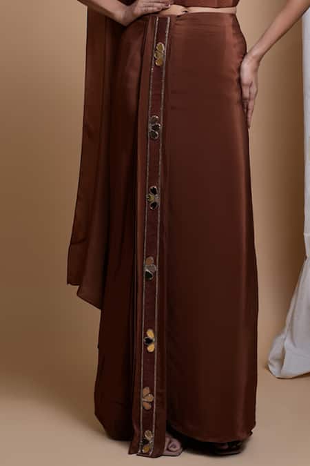 Shop_Ahi Clothing_Brown Crepe Mirrors, Zari, Cut Work, Embellished Corset With Draped Skirt _Online_at_Aza_Fashions