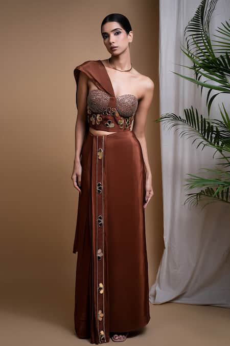 Ahi Clothing_Brown Crepe Mirrors, Zari, Cut Work, Embellished Corset With Draped Skirt _at_Aza_Fashions