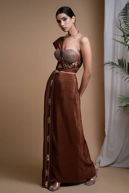 Buy_Ahi Clothing_Brown Crepe Mirrors, Zari, Cut Work, Embellished Corset With Draped Skirt 