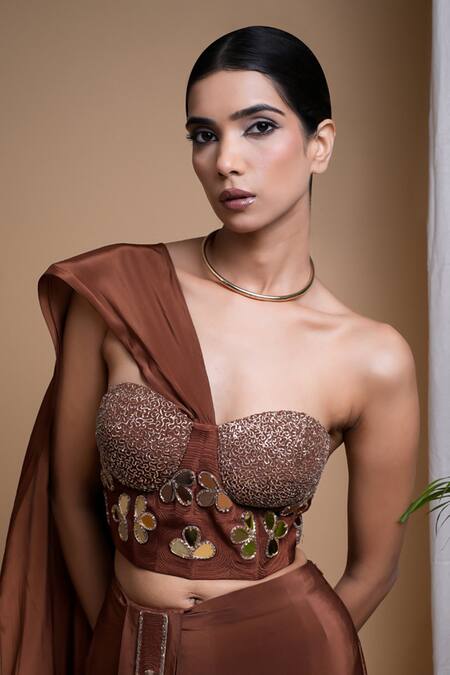 Shop_Ahi Clothing_Brown Crepe Mirrors, Zari, Cut Work, Embellished Corset With Draped Skirt 