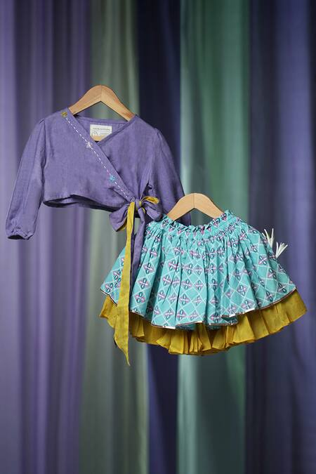 Buy_Love The World Today_Blue Cotton Handblock Print Geometric Mosaic Magic Skirt With Wrap Top 