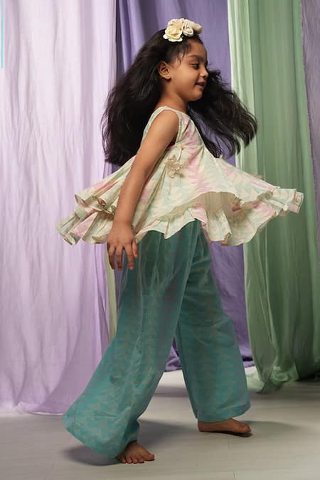 Love The World Today_Blue Cotton Handblock Print Pitter Patter Layered Peplum Top With Pant_Online_at_Aza_Fashions