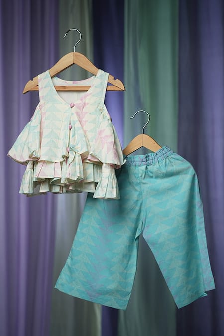 Shop_Love The World Today_Blue Cotton Handblock Print Pitter Patter Layered Peplum Top With Pant_Online_at_Aza_Fashions