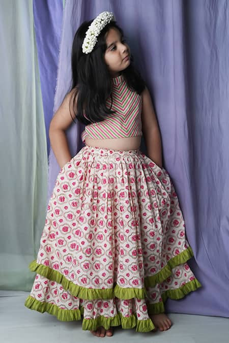 Love The World Today White Cotton Handblock Print Flower Rain Of Layered Lehenga With Blouse 