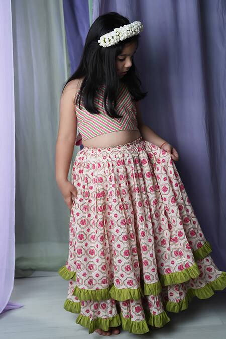 Love The World Today_White Cotton Handblock Print Flower Rain Of Layered Lehenga With Blouse_Online_at_Aza_Fashions