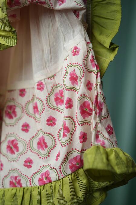 Love The World Today_White Cotton Handblock Print Flower Rain Of Layered Lehenga With Blouse_at_Aza_Fashions