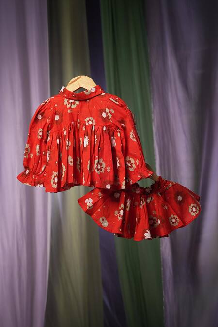 Love The World Today Red Cotton Handblock Print Poppy Patch Top With Skirt Online at Aza Fashions Love The World Today_Red Cotton Handblock Print Poppy Patch Top With Skirt_Online_at_Aza_Fashions