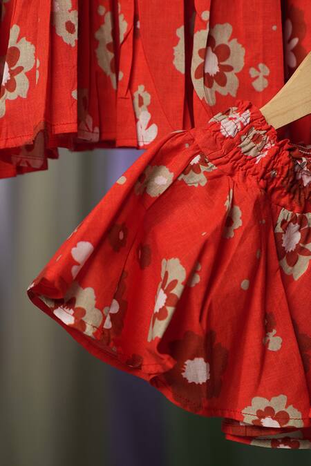 Shop Love The World Today Red Cotton Handblock Print Poppy Patch Top With Skirt Online at Aza Fashions Shop_Love The World Today_Red Cotton Handblock Print Poppy Patch Top With Skirt_Online_at_Aza_Fashions