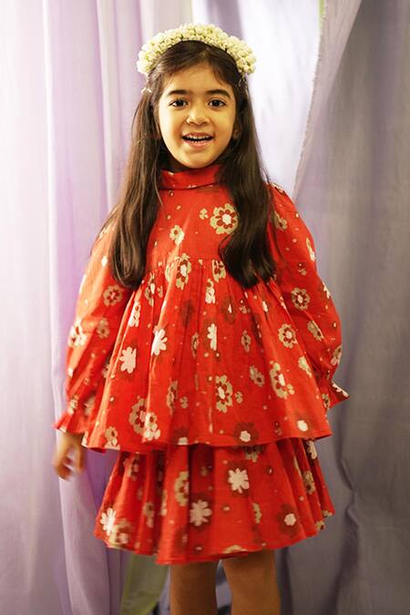 Shop Love The World Today Red Cotton Handblock Print Poppy Patch Top With Skirt Shop_Love The World Today_Red Cotton Handblock Print Poppy Patch Top With Skirt