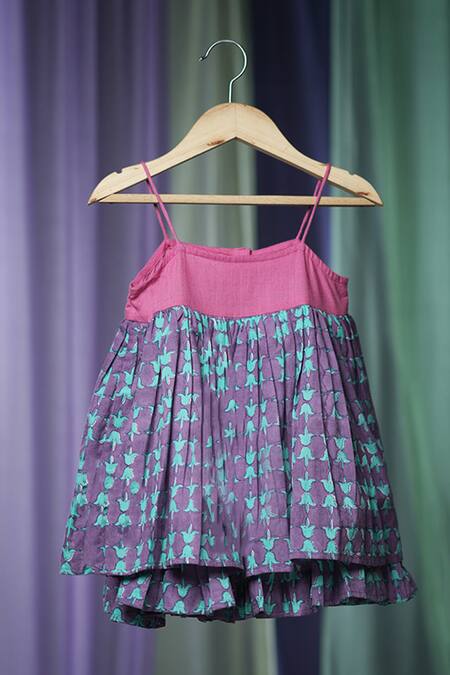 Love The World Today_Purple Cotton Handblock Print Tulip Of Strappy Layered Dress_Online_at_Aza_Fashions