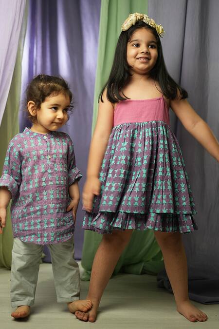 Shop_Love The World Today_Purple Cotton Handblock Print Tulip Of Strappy Layered Dress_Online_at_Aza_Fashions