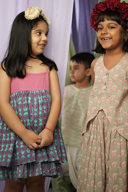 Love The World Today_Purple Cotton Handblock Print Tulip Of Strappy Layered Dress_at_Aza_Fashions