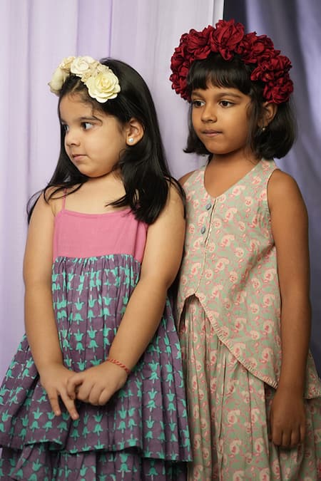 Buy_Love The World Today_Purple Cotton Handblock Print Tulip Of Strappy Layered Dress