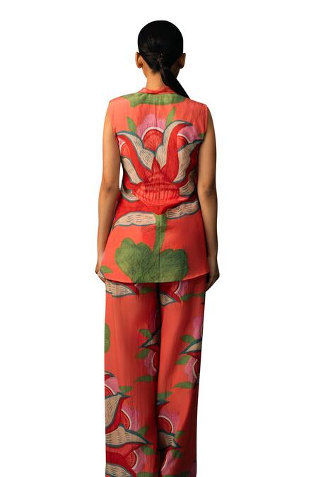Buy Karishma Kajaria Red Cotton, Silk V-neck Floral Print Waistcoat Top With Trouser Buy_Karishma Kajaria_Red Cotton, Silk V-neck Floral Print Waistcoat Top With Trouser