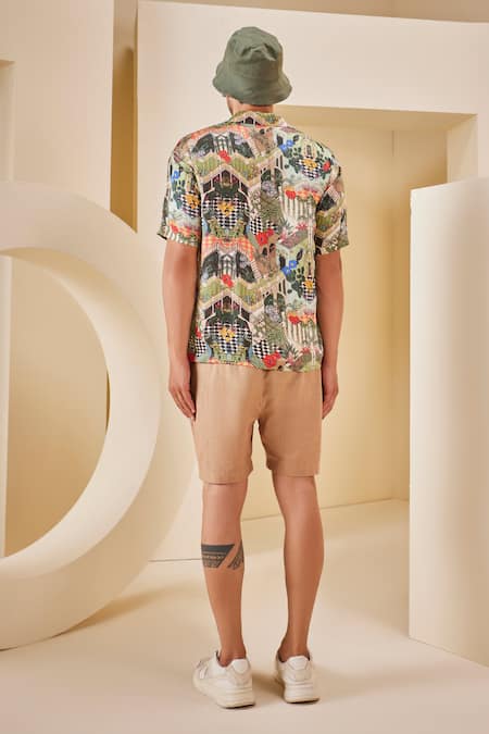 Shop_The Royaleum_Beige Linen, Satin Landscape Print Shirt With Shorts _at_Aza_Fashions