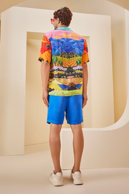Shop_The Royaleum_Blue Silk, Linen Embroidery Tropical Landscape Print Shirt With Shorts _at_Aza_Fashions