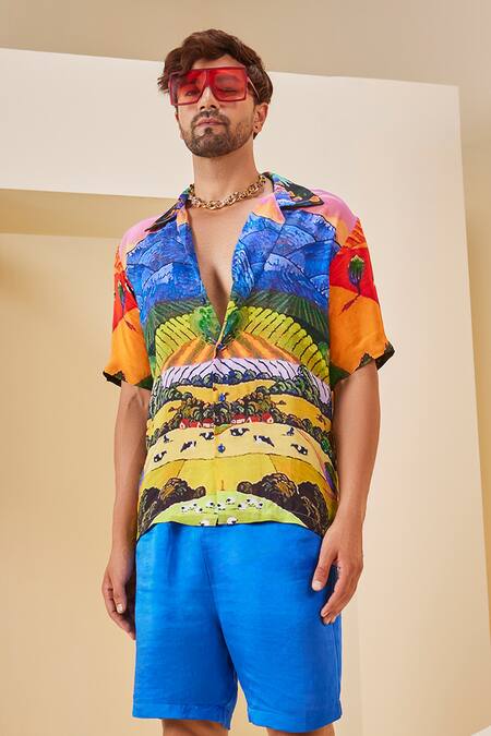 The Royaleum_Blue Silk, Linen Embroidery Tropical Landscape Print Shirt With Shorts _Online_at_Aza_Fashions