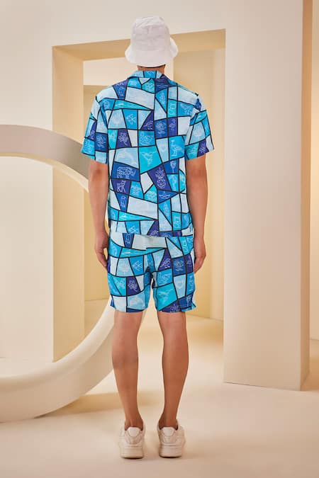 Shop_The Royaleum_Multi Color Silk Patchwork Geometric Print Shirt With Shorts _at_Aza_Fashions