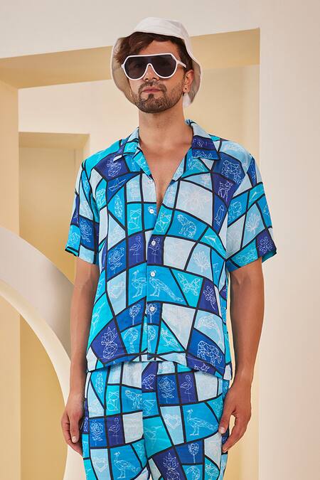 The Royaleum_Multi Color Silk Patchwork Geometric Print Shirt With Shorts _Online_at_Aza_Fashions