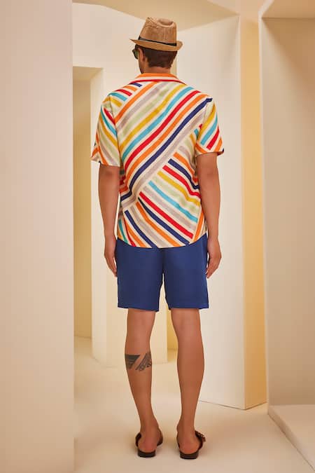 Shop_The Royaleum_Blue Silk, Linen Diagonal Stripe Print Shirt With Shorts _at_Aza_Fashions