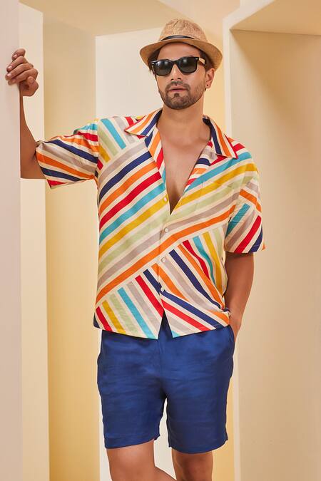 The Royaleum_Blue Silk, Linen Diagonal Stripe Print Shirt With Shorts _Online_at_Aza_Fashions