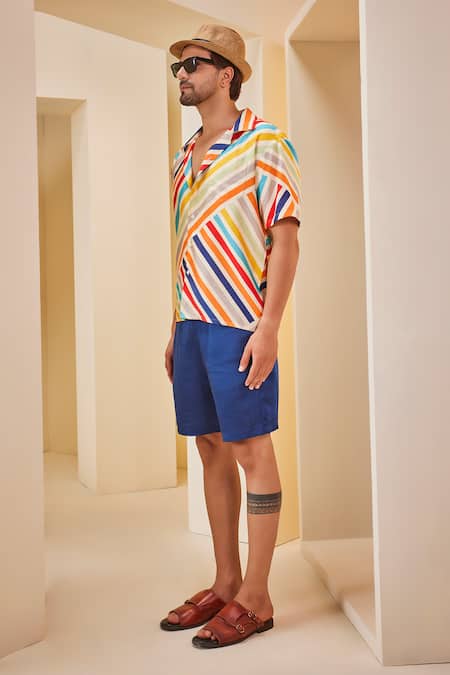 Buy_The Royaleum_Blue Silk, Linen Diagonal Stripe Print Shirt With Shorts _Online_at_Aza_Fashions