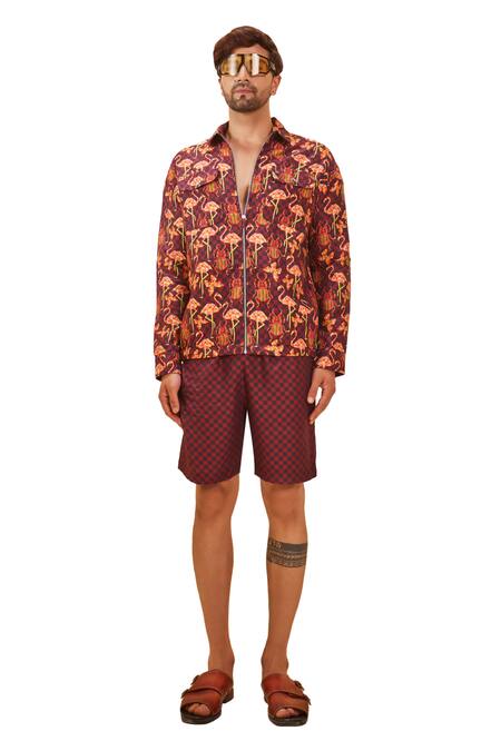 Buy The Royaleum Brown Linen, Satin Flamingo Print Shirt With Shorts Online at Aza Fashions Buy_The Royaleum_Brown Linen, Satin Flamingo Print Shirt With Shorts _Online_at_Aza_Fashions