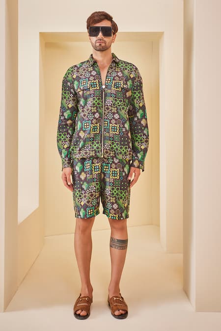 The Royaleum Multi Color Linen Satin Printed Geometric Shirt With Shorts 