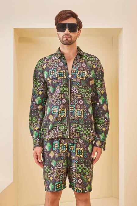 The Royaleum Multi Color Linen, Satin Geometric Print Shirt With Shorts Online at Aza Fashions The Royaleum_Multi Color Linen, Satin Geometric Print Shirt With Shorts _Online_at_Aza_Fashions