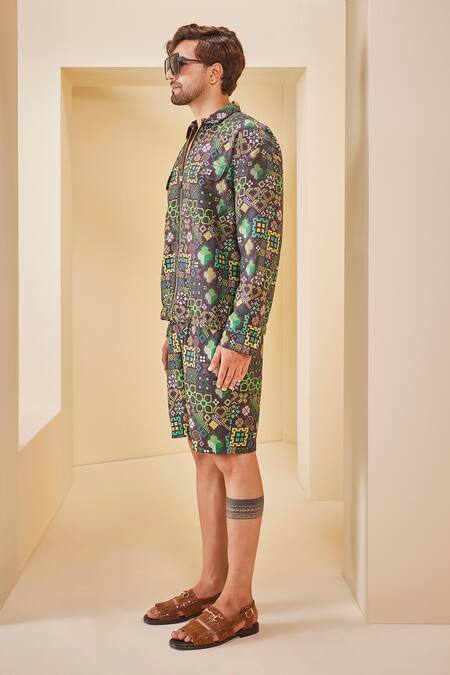 Buy The Royaleum Multi Color Linen, Satin Geometric Print Shirt With Shorts Online at Aza Fashions Buy_The Royaleum_Multi Color Linen, Satin Geometric Print Shirt With Shorts _Online_at_Aza_Fashions