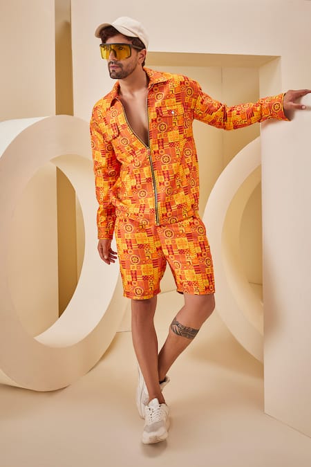 The Royaleum Multi Color Linen Satin Printed Geometric Floral Shirt With Shorts 