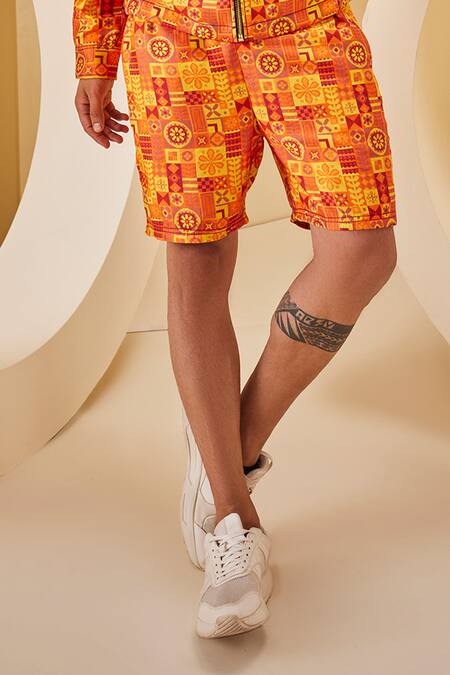 The Royaleum_Multi Color Linen, Satin Embroidery Floral Geometric Print Shirt With Shorts _Online_at_Aza_Fashions