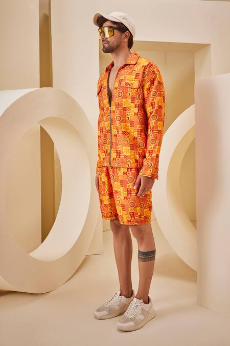 Shop_The Royaleum_Multi Color Linen, Satin Embroidery Floral Geometric Print Shirt With Shorts _Online_at_Aza_Fashions