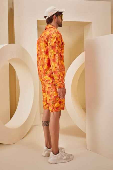 The Royaleum_Multi Color Linen, Satin Embroidery Floral Geometric Print Shirt With Shorts _at_Aza_Fashions