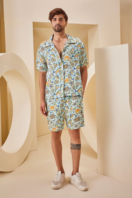 The Royaleum Blue Linen Satin Printed Aquatic Shirt With Shorts 