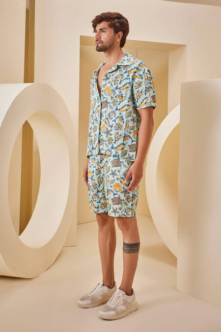 The Royaleum_Blue Linen, Satin Aquatic Print Shirt With Shorts _Online_at_Aza_Fashions