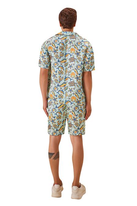 Buy_The Royaleum_Blue Linen, Satin Aquatic Print Shirt With Shorts _Online_at_Aza_Fashions