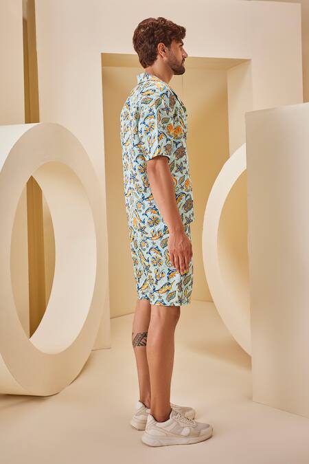 Shop_The Royaleum_Blue Linen, Satin Aquatic Print Shirt With Shorts _Online_at_Aza_Fashions