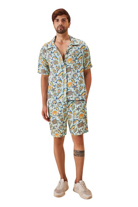 The Royaleum_Blue Linen, Satin Aquatic Print Shirt With Shorts _at_Aza_Fashions