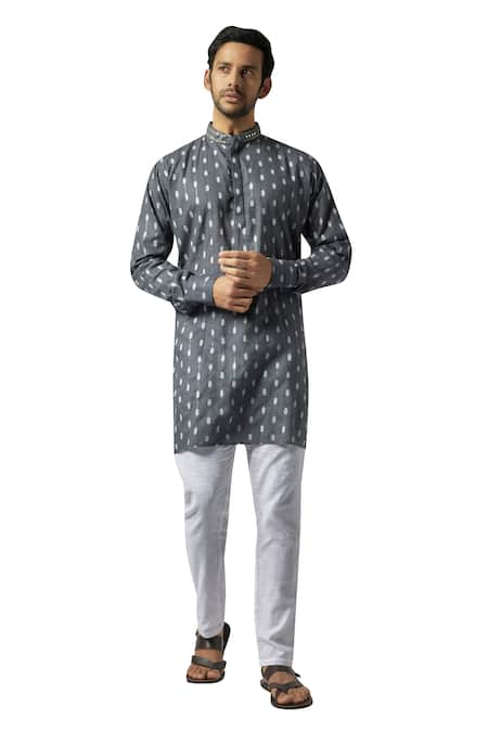 Spring Break_Gray Cotton Mirrors Grey Ikat Print Kurta Set For Kids_Online_at_Aza_Fashions