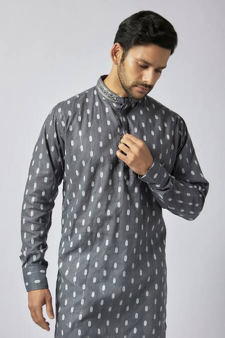 Shop_Spring Break_Gray Cotton Mirrors Grey Ikat Print Kurta Set For Kids_Online_at_Aza_Fashions