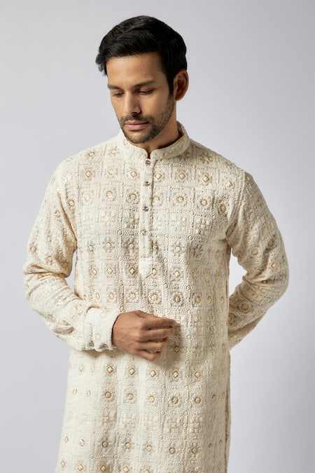 Spring Break_Ivory Silk, Cotton Embroidery Chikankari Kurta With Pant _Online_at_Aza_Fashions