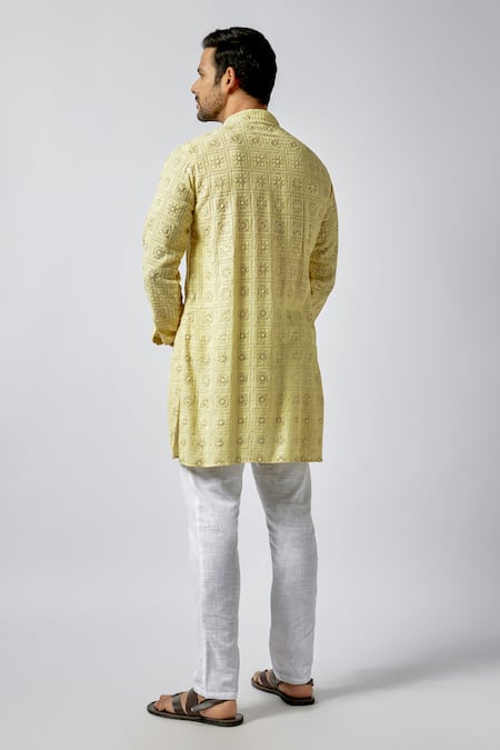 Shop Spring Break Yellow Silk, Cotton Embroidery Chikankari Straight Kurta With Pant at Aza Fashions Shop_Spring Break_Yellow Silk, Cotton Embroidery Chikankari Straight Kurta With Pant _at_Aza_Fashions
