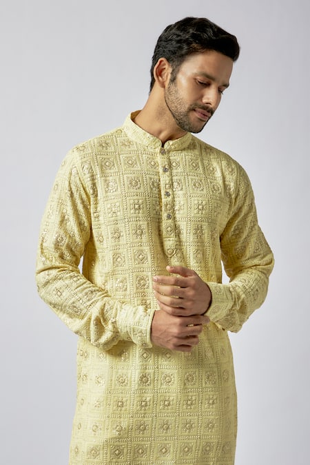 Buy Spring Break Yellow Silk, Cotton Embroidery Chikankari Straight Kurta With Pant Online at Aza Fashions Buy_Spring Break_Yellow Silk, Cotton Embroidery Chikankari Straight Kurta With Pant _Online_at_Aza_Fashions