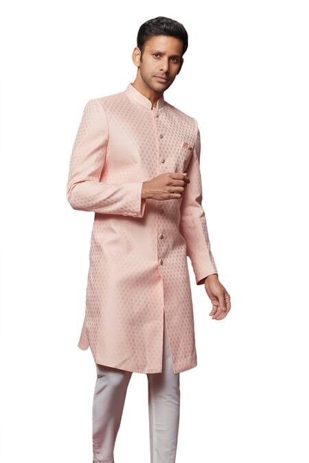 Buy_Spring Break_Pink Silk, Cotton Floral Jacquard Sherwani With Pant _Online_at_Aza_Fashions