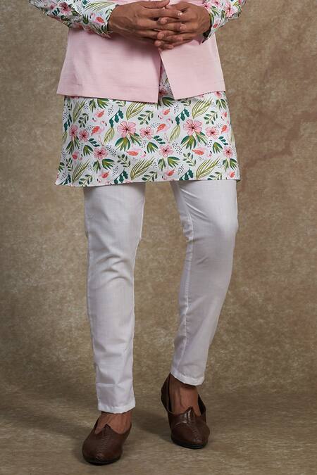 Spring Break_Pink Cotton Floral Print Kurta And Bundi Set _Online_at_Aza_Fashions