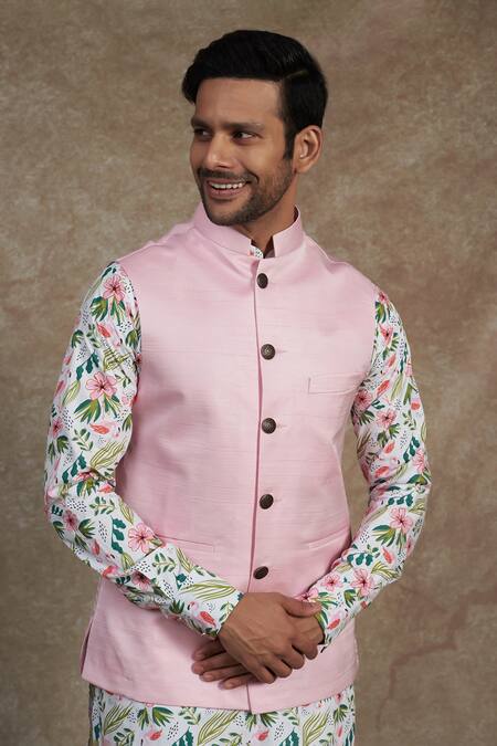 Buy_Spring Break_Pink Cotton Floral Print Kurta And Bundi Set _Online_at_Aza_Fashions
