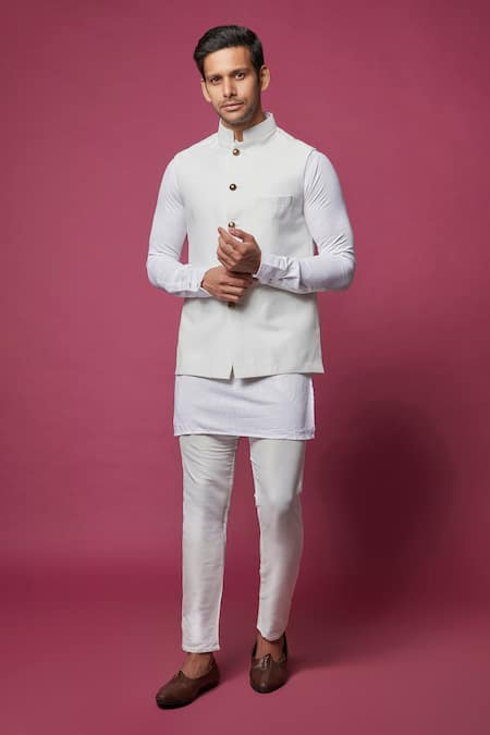 Spring Break White Cotton Silk Classic Bundi And Pant Set 